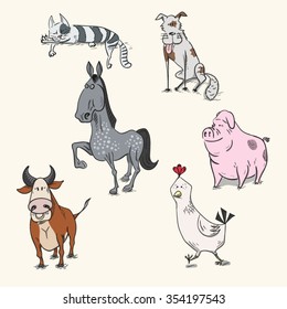 Set of cartoon hand drawn farm animals. Vector illustration