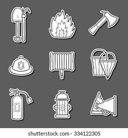 Set of cartoon hand drawn firefightering objects