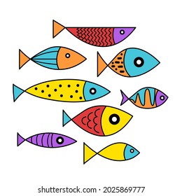 Juego de dibujos animados de peces planos dibujados a mano. Elementos de diseño, colección de peces lindos.