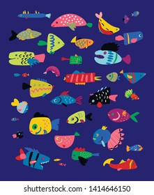 Set with cartoon hand drawn funny fish animals. Fauna nature vector illustrations.