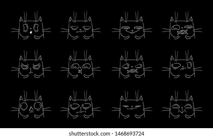 Set of cartoon hand drawn funny faces of cats. 