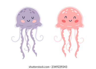 Conjunto de dibujos animados a mano alegre medusa de bebé sobre fondo blanco aislado. Carácter de los animales marinos para el logo, mascota, diseño.