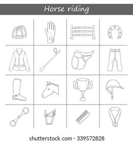 Set of cartoon hand drawn horse riding objects