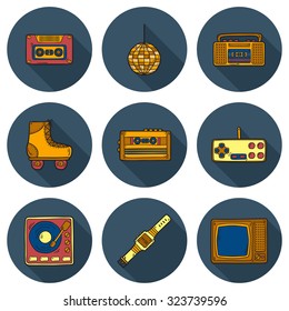 Set of cartoon hand drawn icons on retro 80s theme