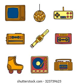 Set of cartoon hand drawn icons on retro 80s theme