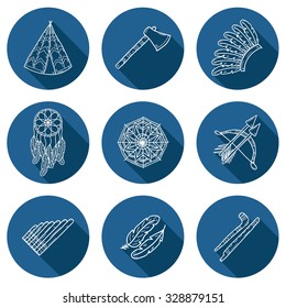 Set of cartoon hand drawn icons on injun theme: tomahawk, feather, canoe, bow, arrow, hat, mandala, flute, pipe, dreamcatcher. Native american concept for your design