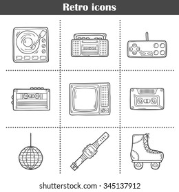 Set of cartoon hand drawn icons on retro 80s theme