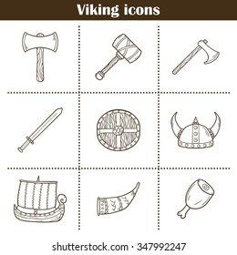 Set of cartoon hand drawn icons on viking theme