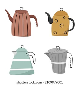 Set of Cartoon hand drawn kettle. Teapots with spout kitchenware, household utensils vector collection. Flat style illustration, all elements isolated on white background.
