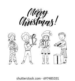 Set of cartoon hand drawn kids opens the gift. Boys and girls are happy. Christmas presents. Merry Christmas handwritten calligraphy. Black and white line art.