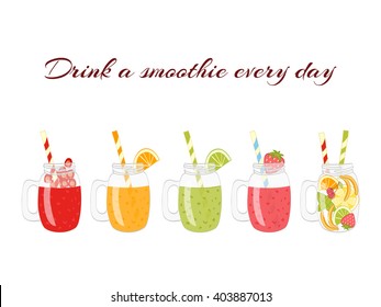 set of cartoon hand drawn mason jar with fruit banana orange lime strawberry