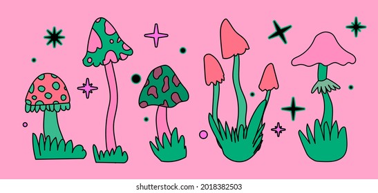 Set of cartoon hand drawn mushrooms. Cute vector illustration.
