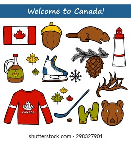 Set of cartoon hand drawn objects on Canada theme: maple syrup, hockey stick, puck, bear, horn, flat. Travel north america concept for your design