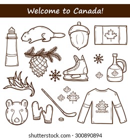 Set of cartoon hand drawn objects on Canada theme: maple syrup, hockey stick, puck, bear, horn, flat. Travel north america concept for your design