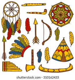 Set of cartoon hand drawn objects on injun theme: tomahawk, feather, canoe, bow, arrow, hat, mandala, flute, pipe, dreamcatcher. Native american concept