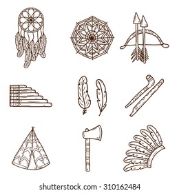 Set of cartoon hand drawn objects on injun theme: tomahawk, feather, canoe, bow, arrow, hat, mandala, flute, pipe, dreamcatcher. Native american concept