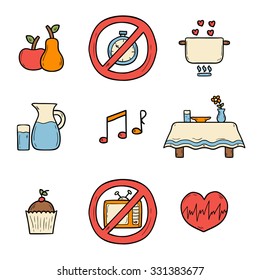 Set of cartoon hand drawn objects on mindful eating rules theme