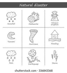 Set of cartoon hand drawn objects on natural disaster theme
