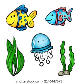 Set of cartoon hand drawn sea animals, fishes, underwater plants. Vector illustration