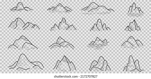 Set cartoon hand drawn silhouettes mountain isolated on transparent background. Collection various doodle nature landscapes. Vector design elements. Simple illustration.