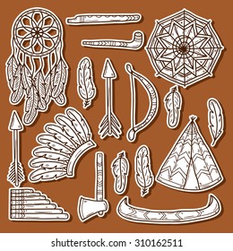 Set of cartoon hand drawn stickers on injun theme: tomahawk, feather, canoe, bow, arrow, hat, mandala, flute, pipe, dreamcatcher. Native american concept