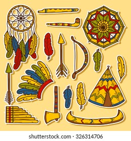 Set of cartoon hand drawn stickers on injun theme: tomahawk, feather, canoe, bow, arrow, hat, mandala, flute, pipe, dreamcatcher. Native american concept for your design