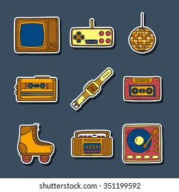 Set of cartoon hand drawn stickers on retro 80s theme