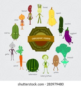 set of cartoon hand drawn vegetables characters. Organic farm poster