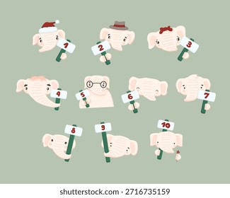 Set von handgezeichneten weißen oder hellrosa Elefanten mit Zahlen von 1 bis 10. Vektorisolierte Kinderillustrationen auf grünem Hintergrund. Elefanten, die ein Zeichen mit einer Nummer halten