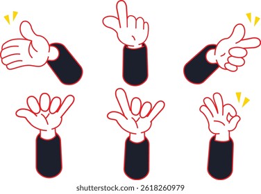 A set of cartoon hand gestures featuring thumbs up, pointing, waving, shaking hands, and OK signs. Bold outline, flat style perfect for stickers, branding, and creative projects.