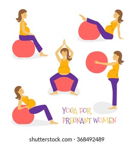 set cartoon hand icon fitness yoga for pregnant woman on fit ball