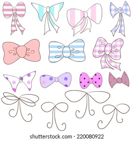 Set of cartoon hand painted colored bows with a flourish