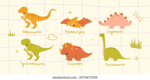 Set of cartoon hand-drawn dinosaurs in flat style