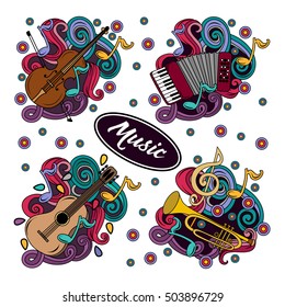 Set of Cartoon hand-drawn doodles Musical instruments illustration. Colorful vector background with violin, guitar, accordion. trumpet and abstract objects