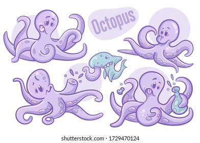 Set of cartoon hand-drawn octopus. Sea life illustration. Vector.