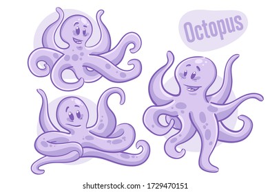 Set of cartoon hand-drawn octopus. Sea life illustration. Vector.