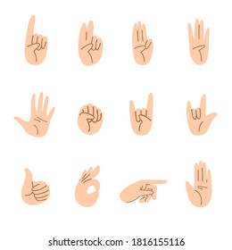 Set of cartoon hands of different gestures. Light skin hand movements one finger, two, three, four, five, fist, thumb up and others. Vector stock illustration isolated on white background.