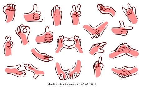 Set of cartoon hands in different gestures. Collection design elements for business communication, care, love. Funny vector illustration in groovy style.