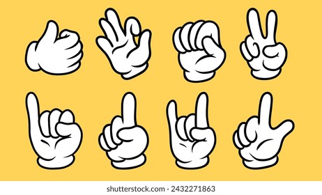 Set of cartoon hands in glove. Retro cartoon gloved hand gestures