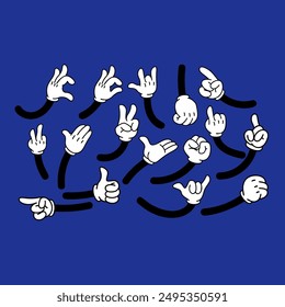 Set of cartoon hands in gloves. Retro style mascot hands. Rubber hose style hands. Vector illustration