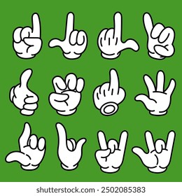Set of cartoon hands in gloves. Retro style mascot hands. Rubber hose style hands. Vector illustration