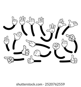 Set of cartoon hands in gloves. Retro style mascot hands. Rubber hose style hands. Vector illustration