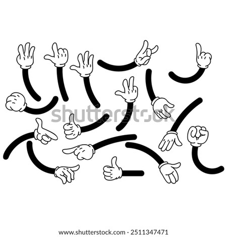 Set of cartoon hands in gloves. Retro style mascot hands. Rubber hose style hands. Vector illustration