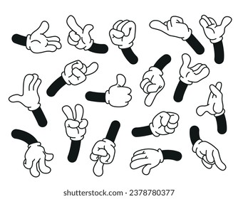 Set von Cartoon-Händen. Hände in Handschuhen, die einfache Emotionen und Gesten zeigen. Kollektion von Clipart-Kunstausdrücken. Gliedmaßen, Handflächen und Fäuste, Vektorgrafiken