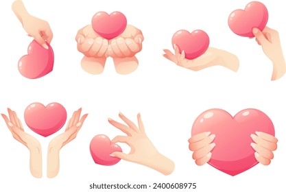 Set of cartoon hands with hearts. Fingers hold heart. Vector illustration, icons for Valentine's Day, Kindness Day, love, support