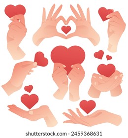 Set of cartoon hands with hearts. Fingers hold heart. Human hands holding and giving red hearts. Valentine's Day, Kindness Day, love, support. Love symbols banner.