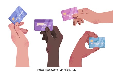 A set of cartoon hands holding credit cards. A trending flat finance illustration. Isolated on a white background.