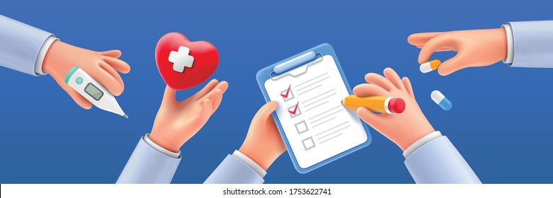 Set of cartoon hands holding various medical items, isolated on navy blue background, 3D illustration