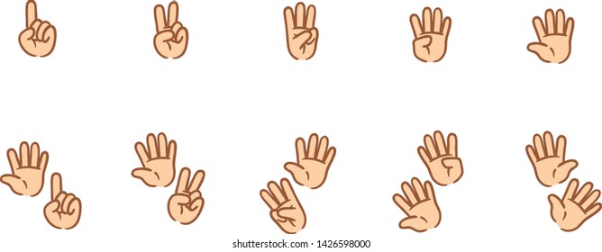 Set Of Cartoon Hands For Kids Learning Basic Math. Count From One To Ten With Your Hands. Funny Vector Doodle, Changeable Global Colors, Symbols Collection.