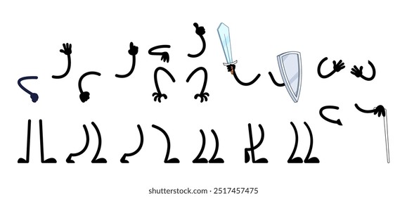 Set Of Cartoon Hands And Legs With Various Accessories Isolated On White Background, Includes Different Arm or Leg Poses